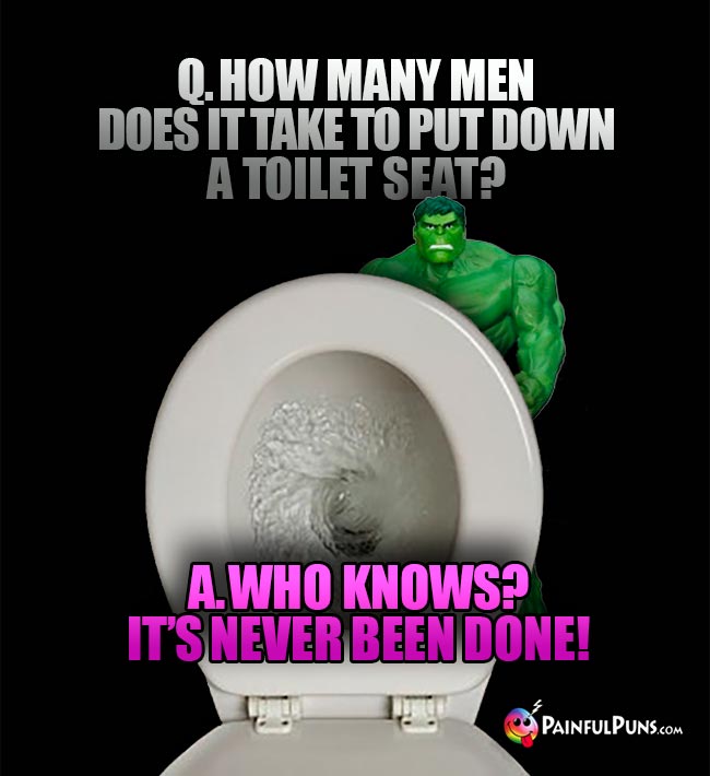 Q. How many men does it take to put down a toilet seat? A. Who Knows? It's never been done!