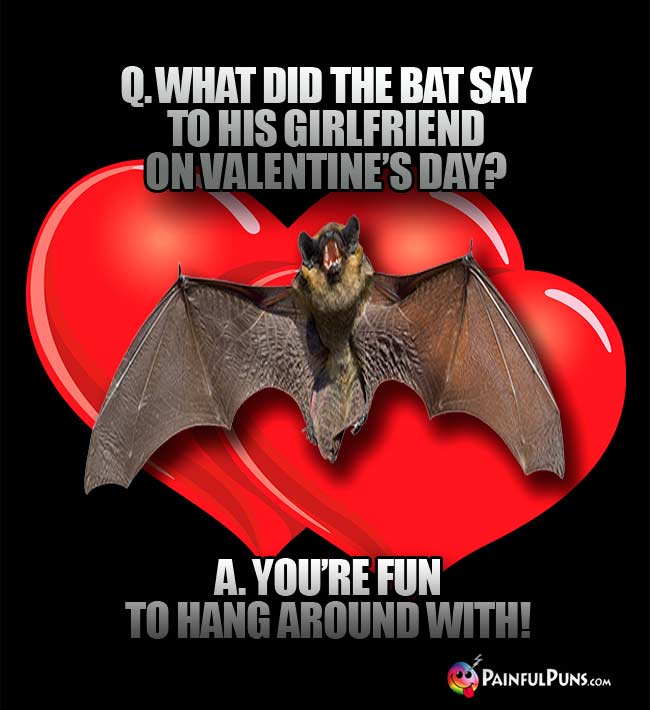 Q. What did the bat say to his girlfriend on Valentine's Day? A. You're fun to hang around with!