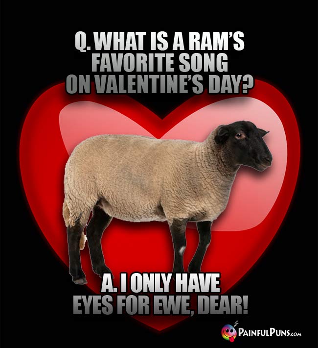 Q. What is a ram's favorite song on Valentine's Day? A. II Only Have Eyes For Ewe, Dear!