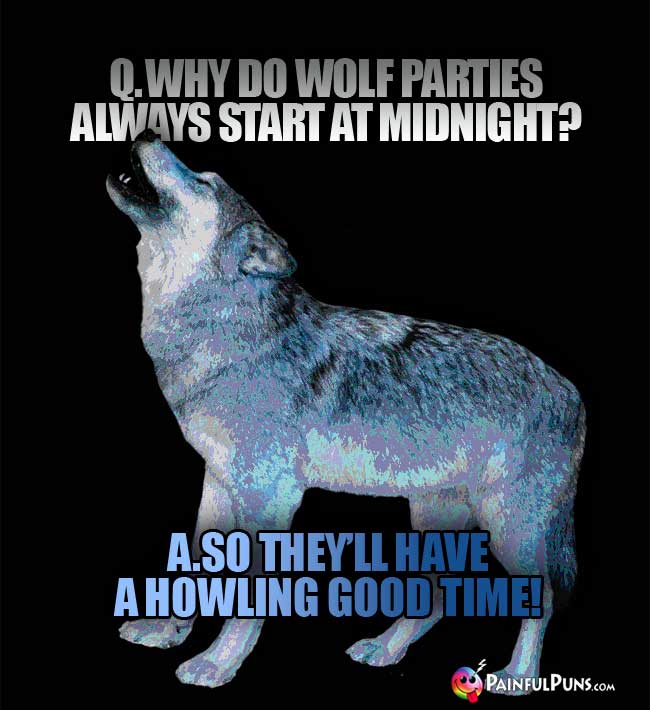 Q. Why do wolf parties always start at midnight? A. So they'll have a howling good time!