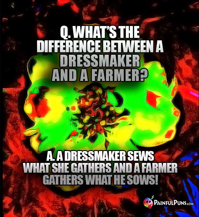 Q. What's the difference between a dressmaker and a farmer? A dressmaker sews what she gathers and a farmer gathers what he sows!