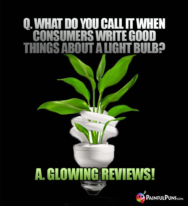 Q. What do you call it when consumers write good things about a light bulb? A. Glowing reviews!